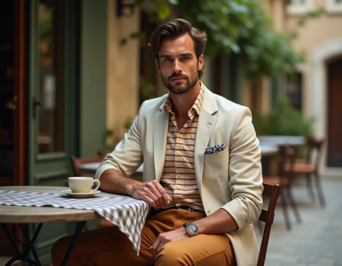 Homme en pantalon caramel plissé et veste lin assis à une table de guinguette avec une tasse de café