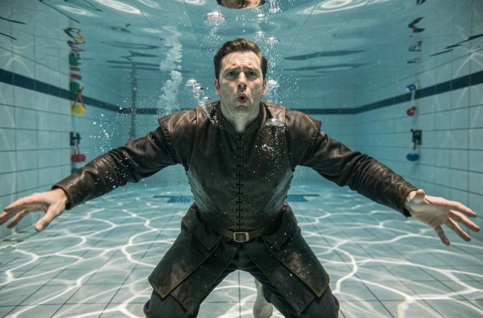 Acteur en costume médiéval sous l'eau lors d'une répétition de spectacle aquatique au Puy du Fou