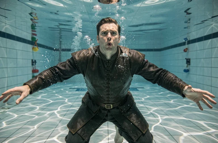 Acteur en costume médiéval sous l'eau lors d'une répétition de spectacle aquatique au Puy du Fou