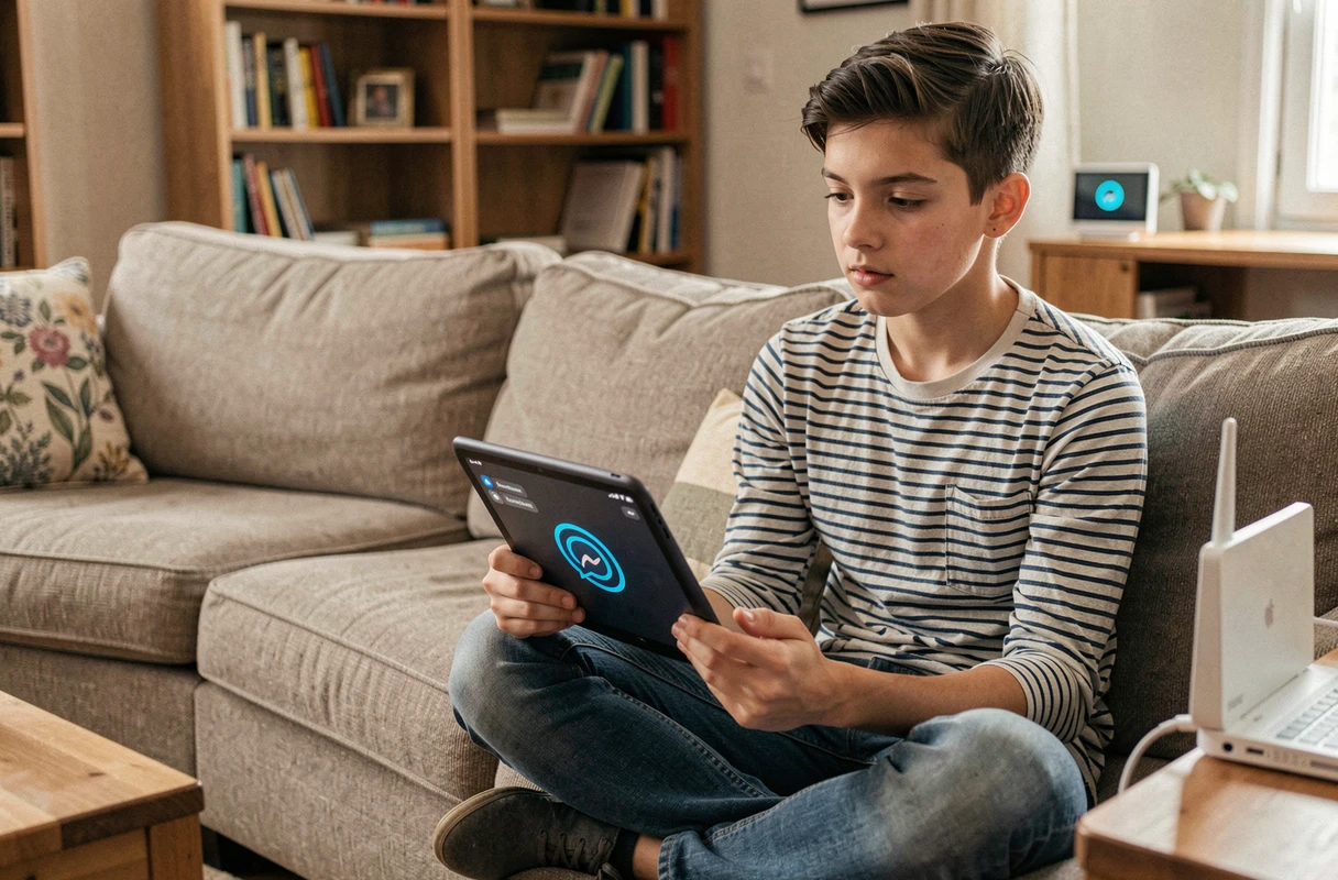 Adolescent consultant l'application Messenger sur une tablette avec un problème de chargement dans le salon
