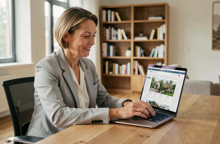 Femme utilisant une agence immobilière en ligne sur son ordinateur portable dans un bureau à domicile moderne