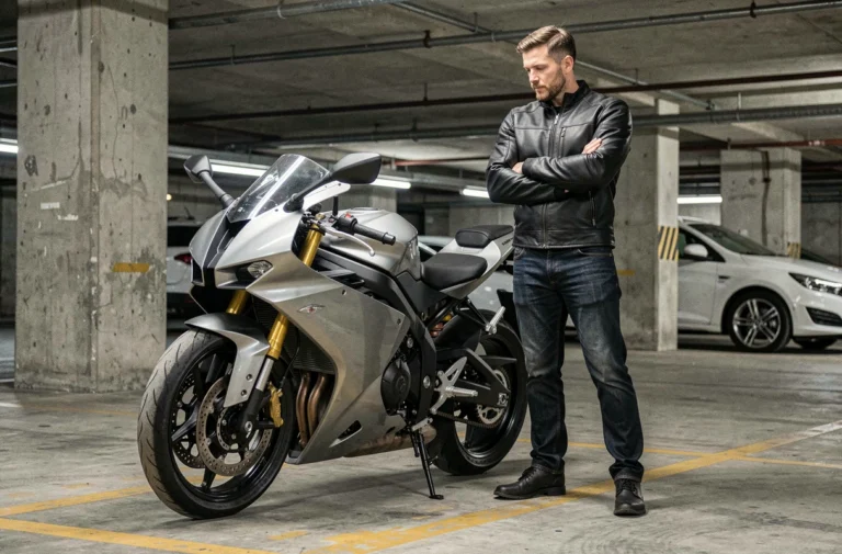 Motard évaluant une moto naked moderne dans un parking urbain en béton, alternative à la Yamaha R1 en 2024