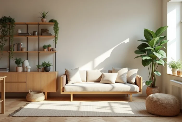 Salon de style nordique avec meubles en bois naturel, textiles superposés et plantes vertes dans un intérieur chaleureux et épuré