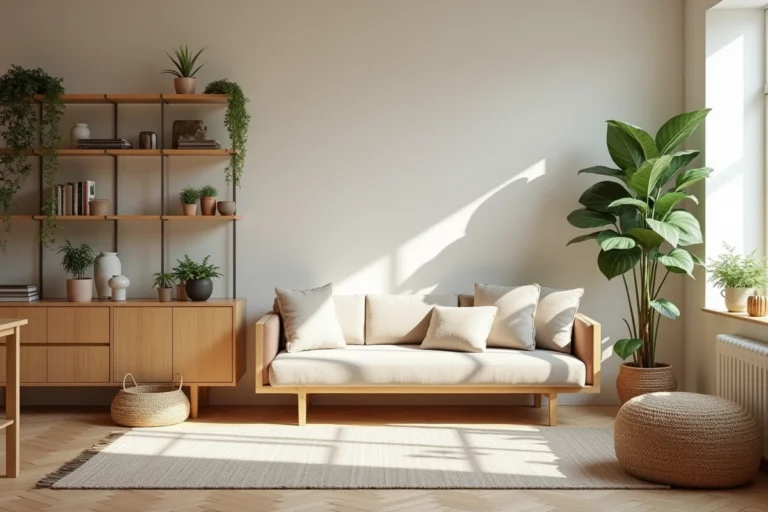 Salon de style nordique avec meubles en bois naturel, textiles superposés et plantes vertes dans un intérieur chaleureux et épuré
