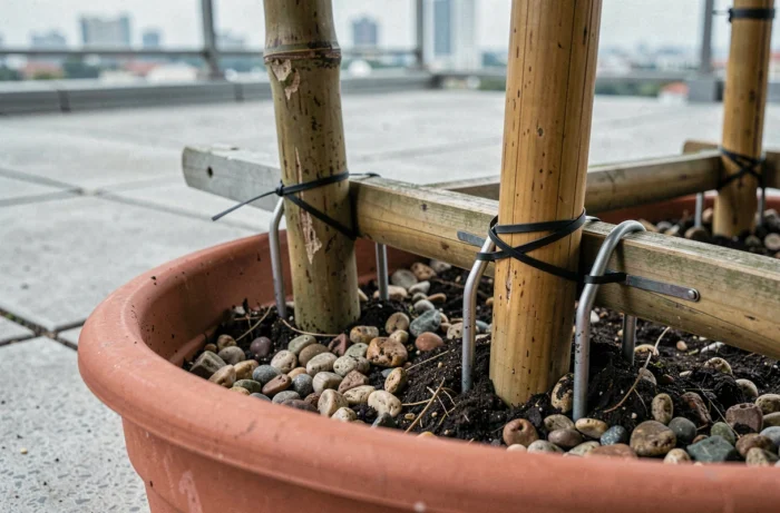 Gros plan sur la base de bambous solidement ancrés dans un pot avec graviers, piquets métalliques et attaches pour maintien au sol