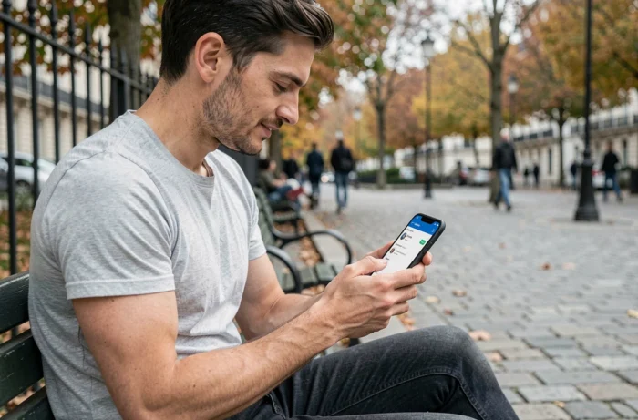Homme consultant son application bancaire mobile sur smartphone dans un parc parisien