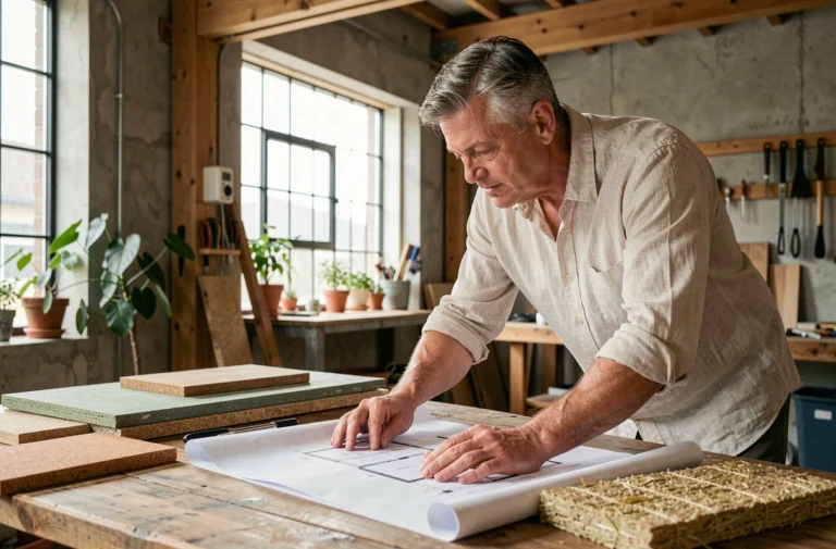 Architecte étudiant des plans de maison écologique entouré de matériaux durables comme le liège, le chanvre et la paille