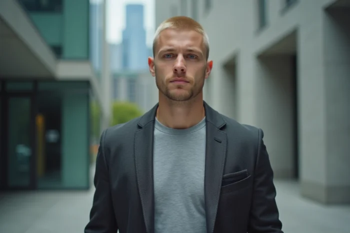 Jeune homme élégant marchant dans un environnement urbain moderne, représentant les standards de beauté masculine dans la culture contemporaine