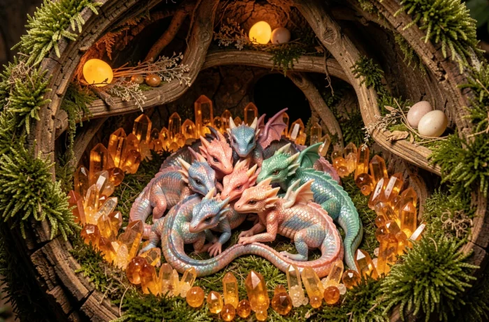 Petits dragons nouveau-nés aux écailles nacrées nichés dans un tronc d'arbre creux magique avec des cristaux d'ambre lumineux