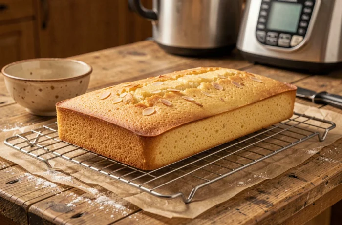 Biscuit joconde doré et moelleux sur une grille de refroidissement dans une cuisine maison chaleureuse, réalisé au Thermomix