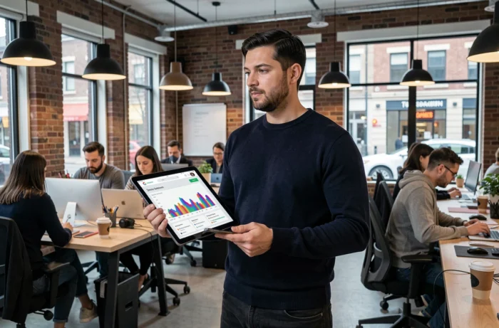 Homme consultant les statistiques de son blog sur une tablette dans un espace de co-working moderne