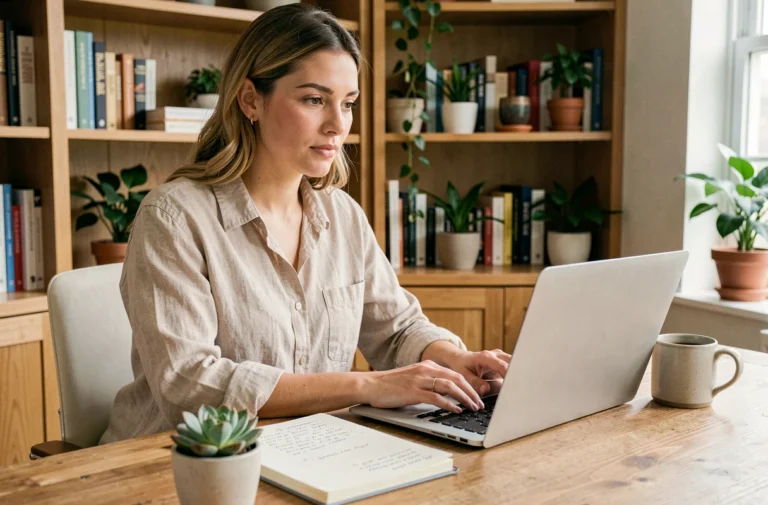 Femme blogueure travaillant sur son ordinateur portable dans un bureau à domicile chaleureux et organisé en 2024