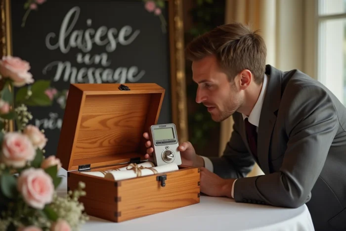 Invité enregistrant un message sonore dans une boîte à souvenirs lors de la journée du mariage