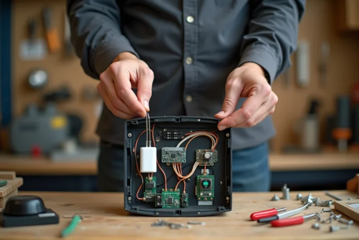 Gros plan sur le boîtier électronique d'un volet roulant en cours de réparation sur un établi d'atelier