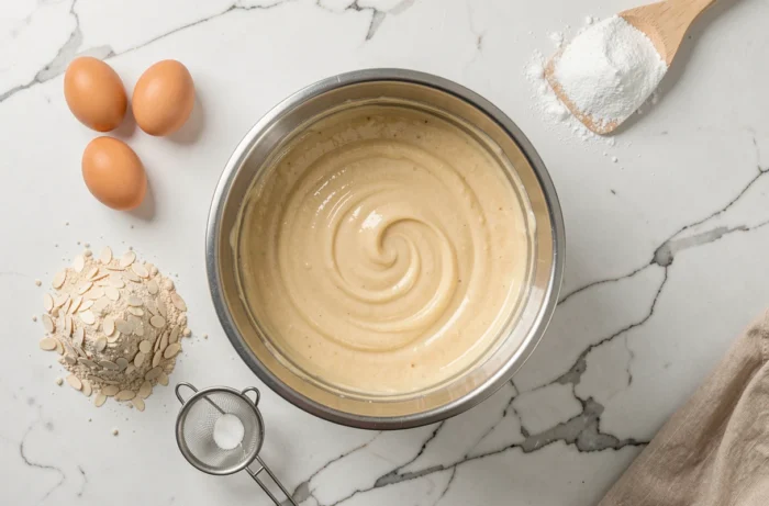 Vue aérienne du bol Thermomix avec la pâte à biscuit joconde entourée d'ingrédients sur un plan de travail en marbre blanc