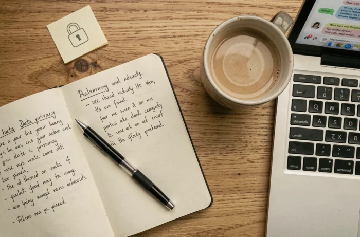 Vue aérienne d'un bureau avec un carnet de notes sur la confidentialité des données, un ordinateur affichant ChatGPT, évoquant la conservation des conversations par les intelligences artificielles