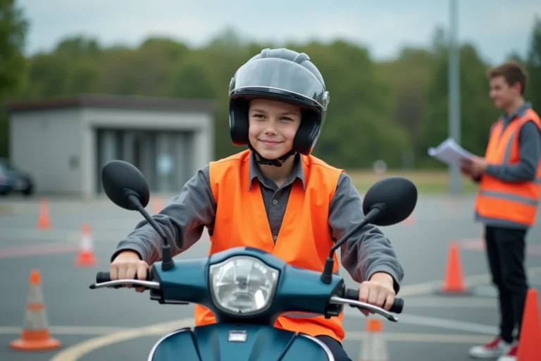 Jeune candidat au BSR sur un scooter 50cc dans un centre d'examen avec un moniteur d'auto-école