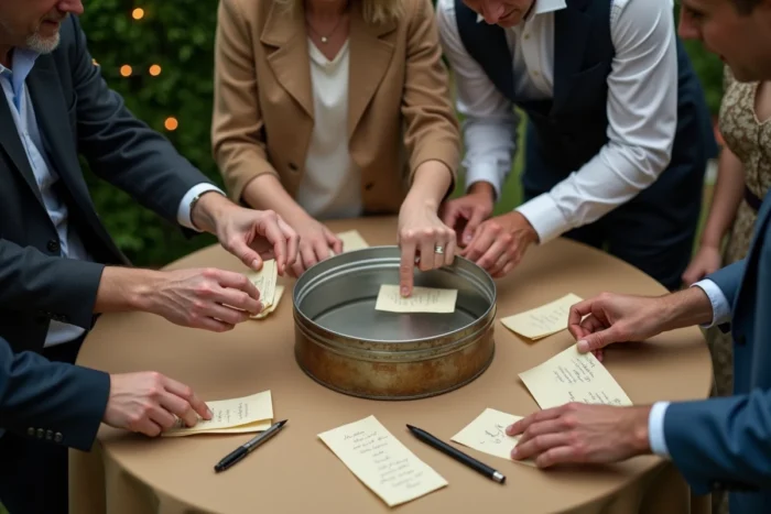 Invités glissant des messages écrits à la main dans une capsule temporelle métallique lors d'un mariage
