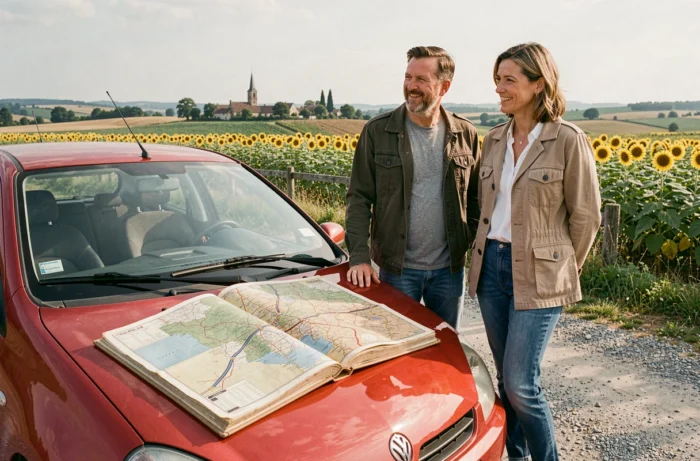 Couple consultant un atlas routier des autoroutes de France appuyé sur une voiture en campagne