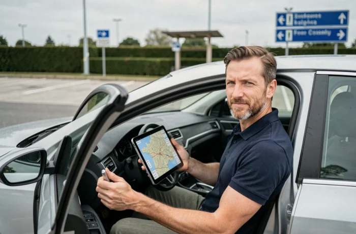 Homme consultant une carte numérique des autoroutes françaises sur tablette dans une aire d'autoroute