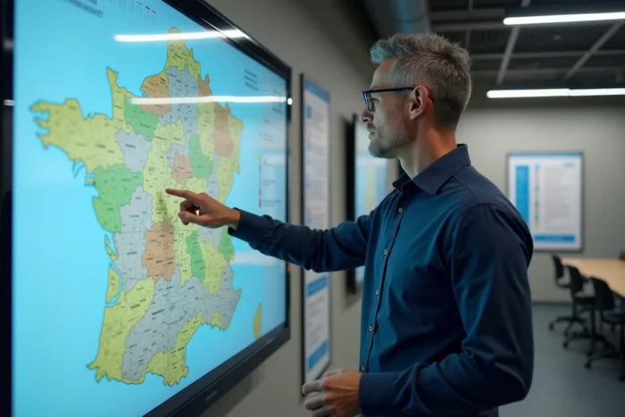 Homme examinant une carte des zones tendues sur un écran interactif dans une mairie française