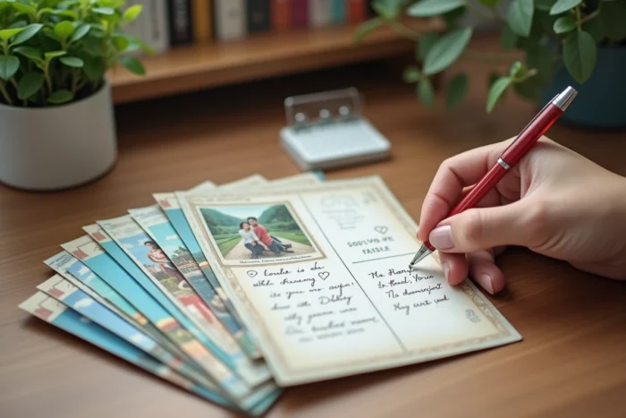 Cartes postales manuscrites prêtes à être envoyées chaque semaine aux mariés après leur mariage