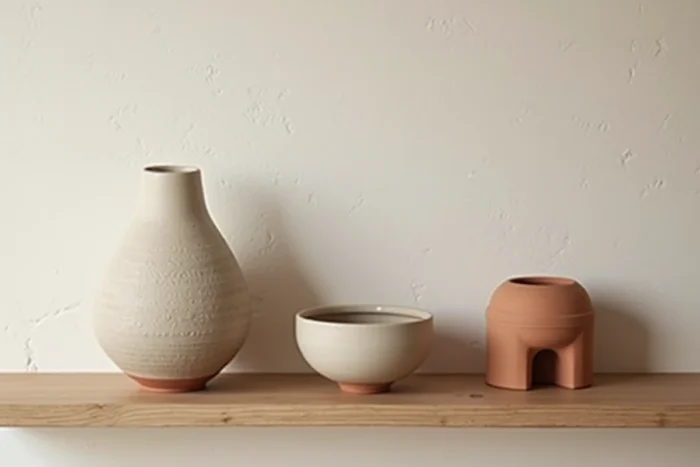 Pièces de céramique artisanale en grès texturé disposées sur une étagère en bois dans un intérieur nordique chaleureux