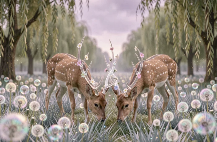 Deux cerfs féeriques miniatures aux bois fleuris paissant dans une prairie magique aux herbes iridescentes