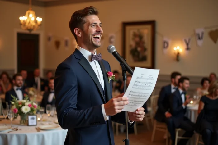 Témoin de mariage interprétant une chanson détournée avec des paroles personnalisées devant les invités