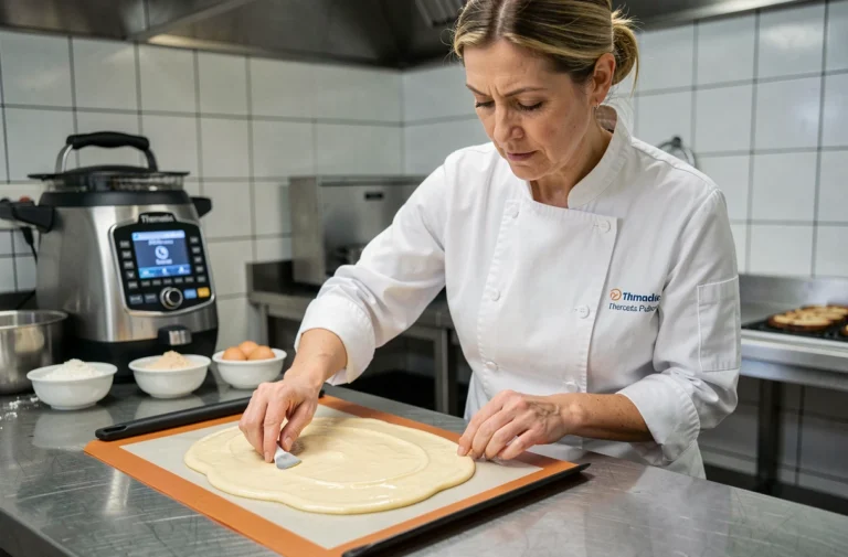 Cheffe pâtissière étalant la pâte à biscuit joconde sur un tapis de cuisson en silicone dans une cuisine professionnelle avec Thermomix