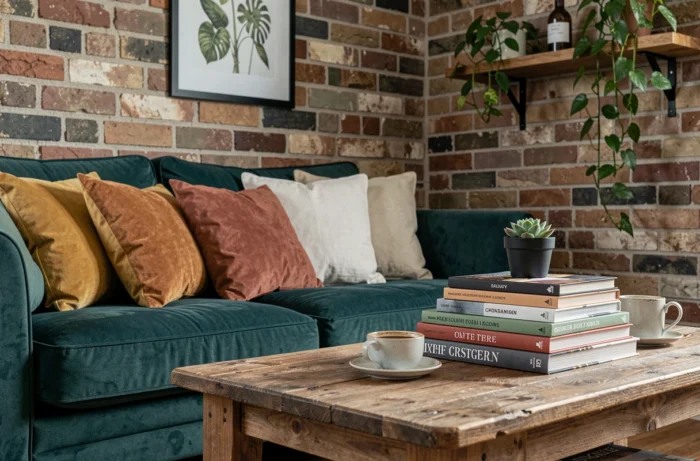 Coin salon cosy avec canapé en velours sarcelle, coussins colorés et décoration scandinave minimaliste