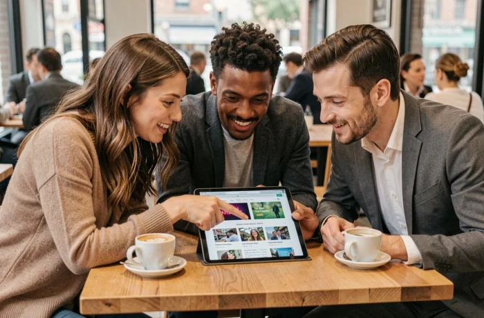 Groupe de collègues discutant des dernières tendances et actualités web autour d'une tablette dans un café urbain