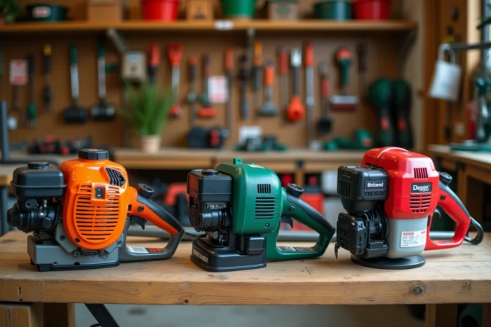 Comparaison de trois types de débroussailleuses thermique, électrique et sans fil posées sur un établi en bois