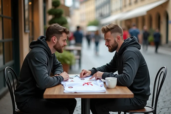 Deux hommes comparant côte à côte deux maillots Bastard München pour évaluer leur qualité dans un café en plein air à l'européenne