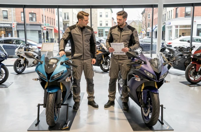 Deux motards comparant des motos supersport dans une concession, meilleures alternatives à la Yamaha R1 en 2024