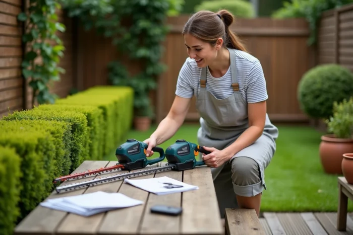 Femme comparant deux modèles de taille-haie électriques sans fil sur une table de jardin