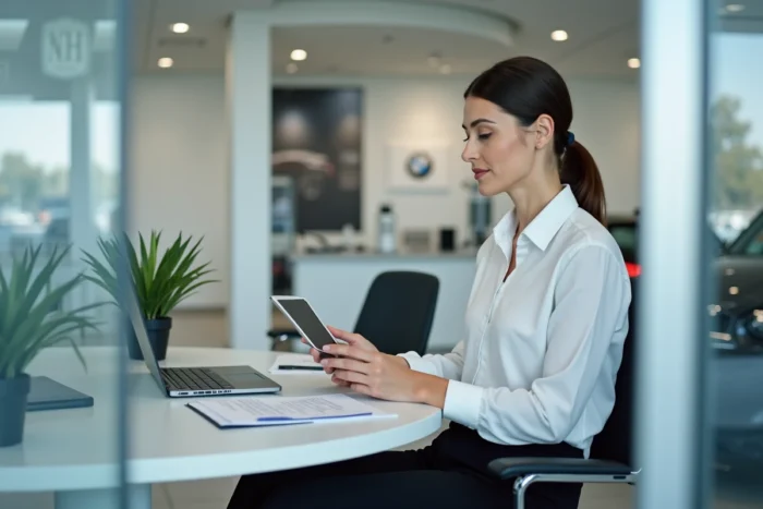Conseillère commerciale BMW assise à son bureau dans une concession, consultant des documents de vente automobile