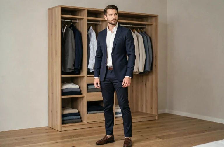 Homme élégant en blazer marine et chino sombre devant un dressing en bois bien organisé, illustrant les conseils de style vestimentaire pour homme
