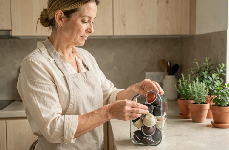 Femme rangeant des dosettes de café dans un contenant hermétique en verre sur un plan de travail en cuisine