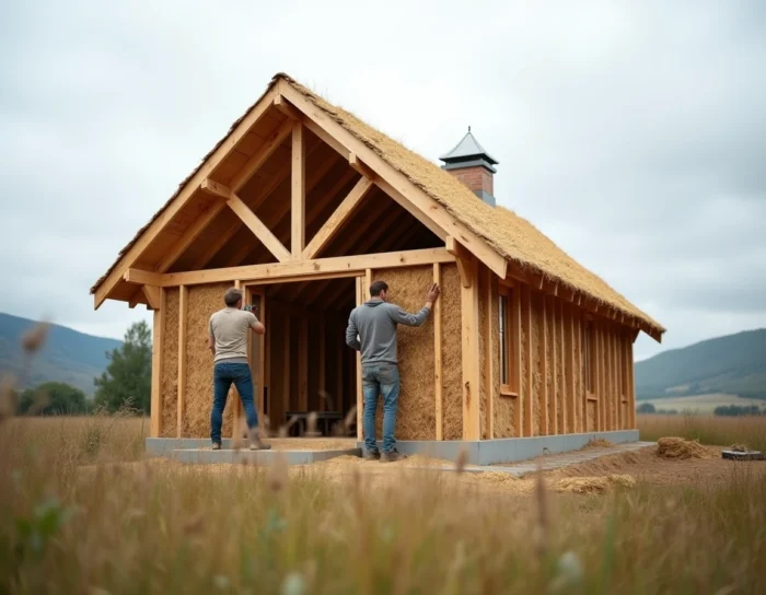 Couple construisant une maison en ossature bois et bottes de paille avec isolation en fibre de bois dans un cadre rural