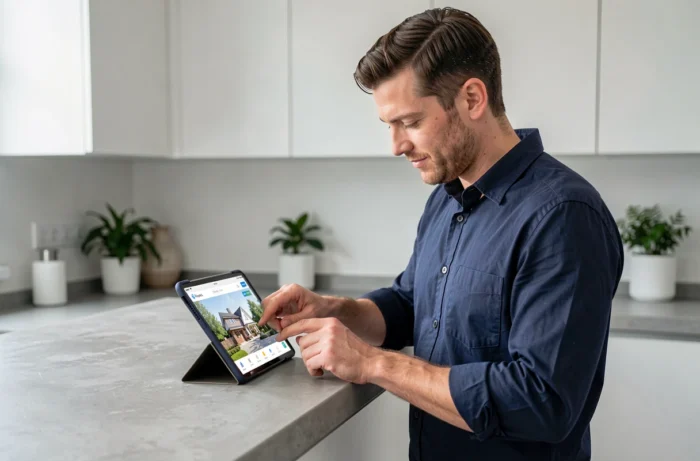 Homme consultant une plateforme immobilière en ligne sur une tablette dans une cuisine moderne