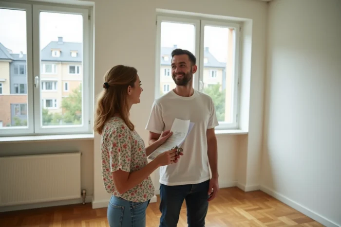 Couple tenant les clés de leur nouveau logement social dans un appartement vide après un avis favorable en commission d'attribution