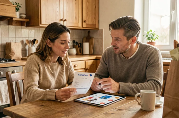 Couple comparant les programmes Ma Communauté et Mon Avis le Rend Gratuit de Carrefour à la maison