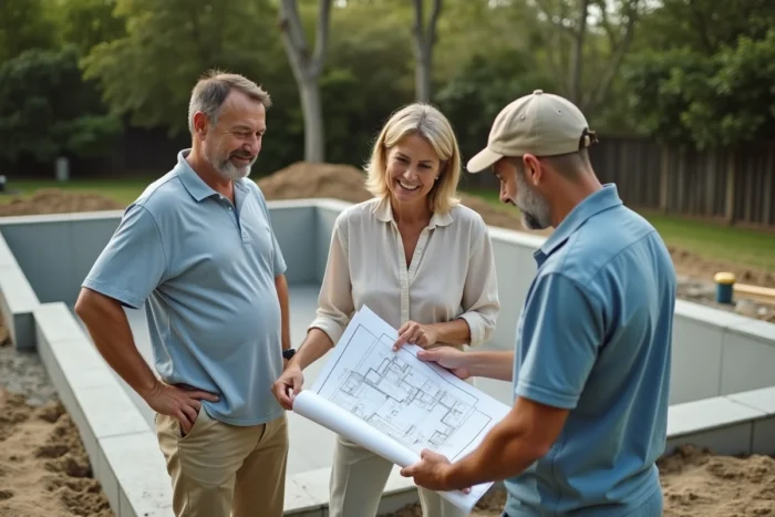 Couple discutant des options de leur piscine creusée de luxe avec un constructeur sur le chantier, plans à la main