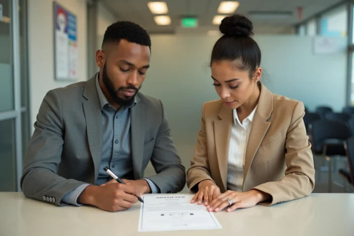Couple effectuant les démarches de transcription de mariage étranger dans un bureau administratif français