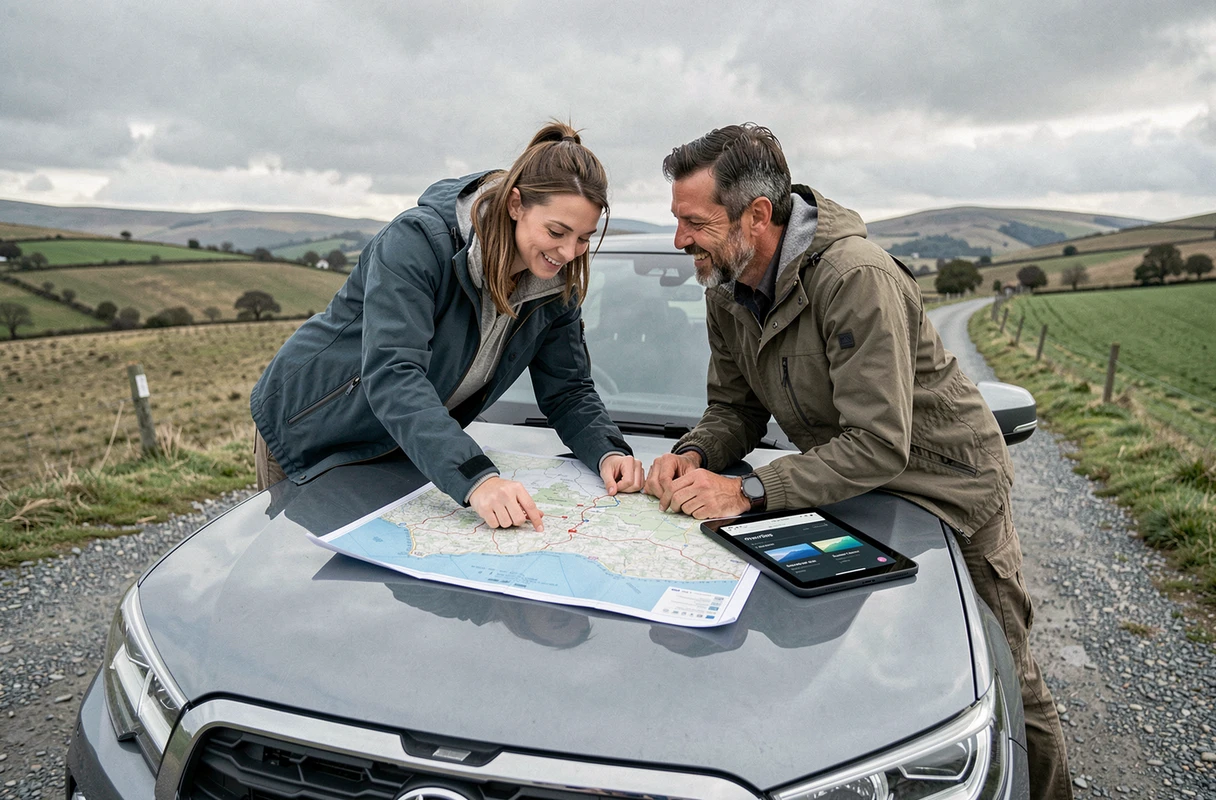 Couple planifiant un trajet en voiture avec une carte routière et un itinéraire ViaMichelin exporté sur tablette, appuyés sur un SUV en bord de route