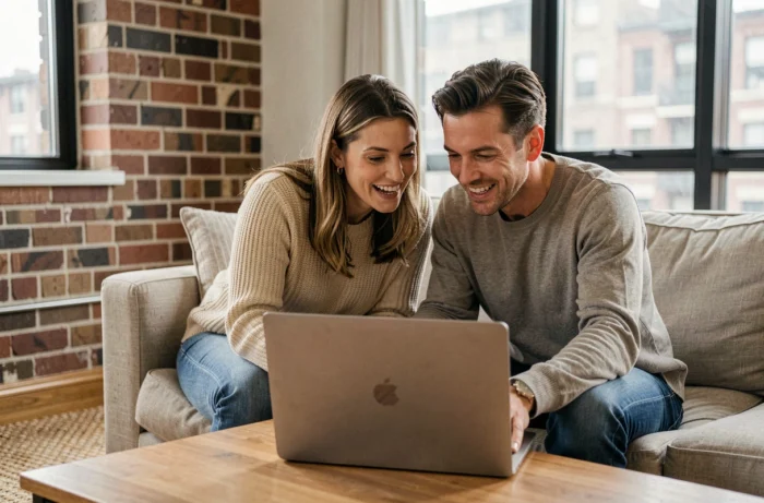 Couple recherchant des biens immobiliers en ligne ensemble sur un canapé dans un appartement urbain