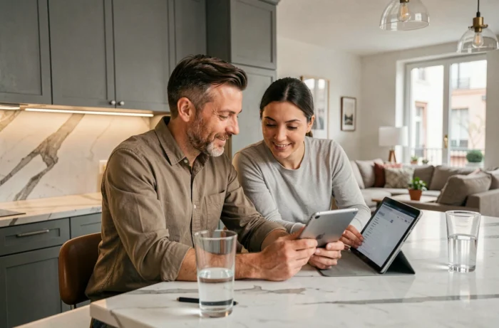 Couple consultant un relevé bancaire en ligne sur une tablette dans leur cuisine moderne