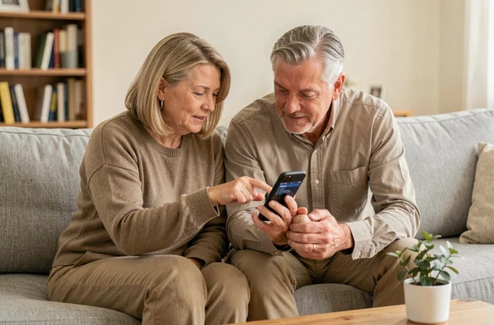 Couple de seniors consultant ensemble des avis en ligne sur smartphone dans un salon confortable, évaluant un complément alimentaire pour les articulations