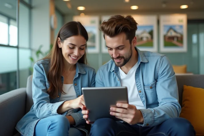 Couple consultant un site gouvernemental de vérification des zones tendues dans une agence immobilière